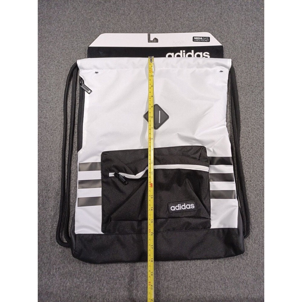 Adidas "Sack Pack" White Black - 18 X 14 Media Safe Lined Pocket New - Picture 2 of 9